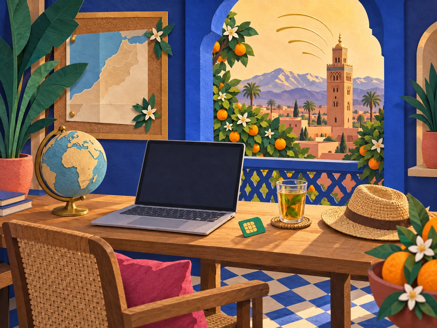 Paper-cut collage of a small travel studio desk with a laptop, a globe showing Africa, a map of Morocco, mint tea and orange blossoms.