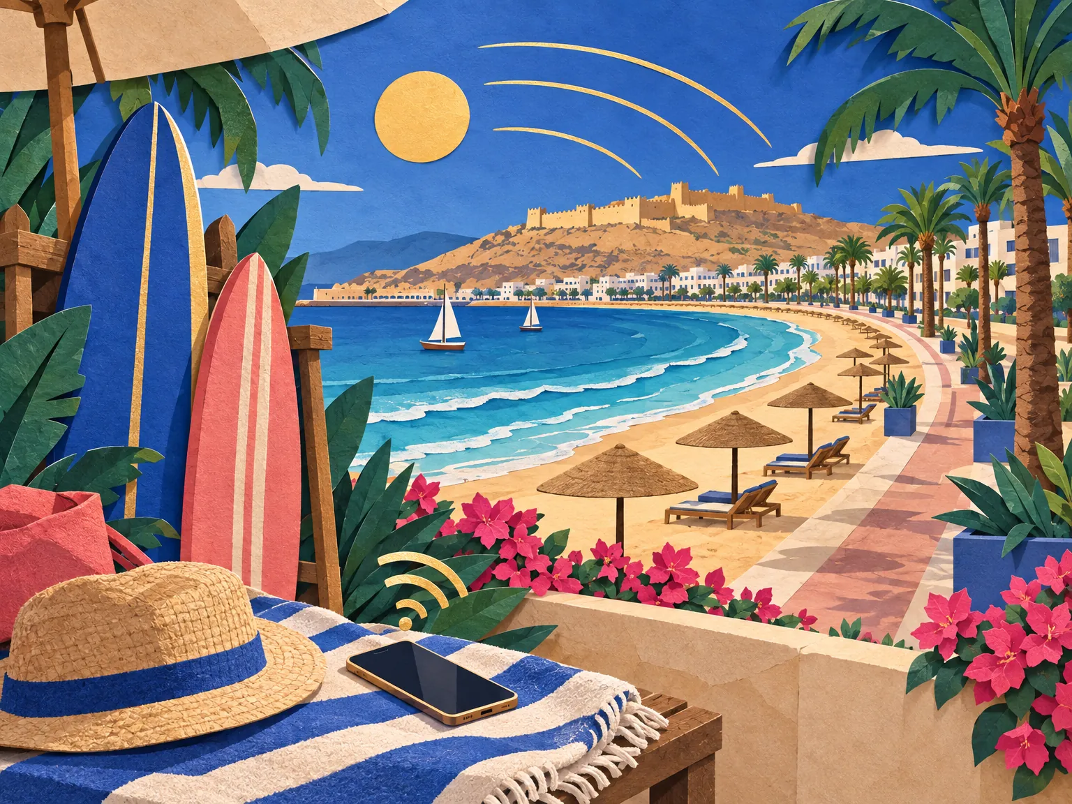Paper-cut collage of Agadir: a wide Atlantic beach below the hilltop kasbah, palm trees and a surfboard, with a phone on a towel.