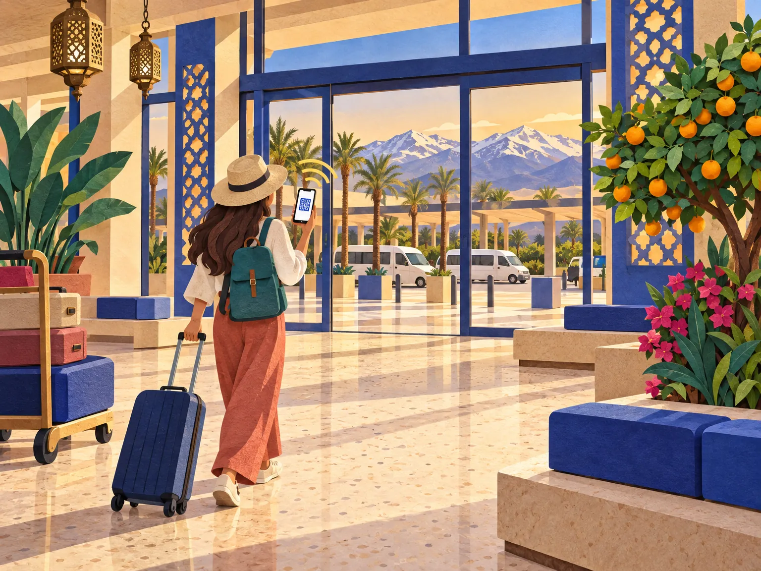 Collage recortado en papel: un viajero con una maleta y un teléfono que muestra un código QR sale de la sala de llegadas de un aeropuerto, pasa junto a furgonetas de traslado y al fondo hay palmeras y un cielo cálido de atardecer.