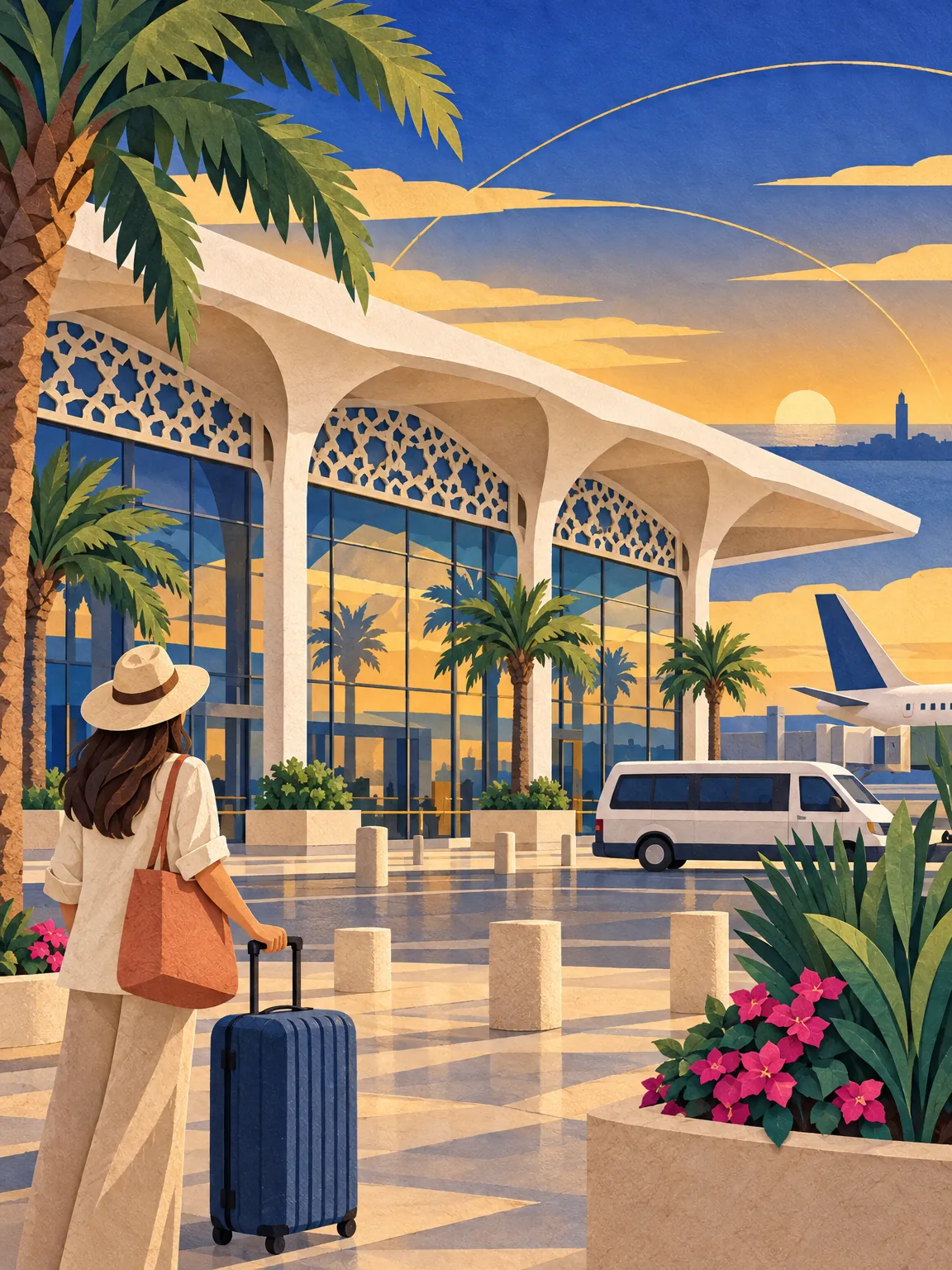Paper-cut collage of an airport arrivals terminal: a wide roof, shuttle vans, a traveller with a suitcase and orange blossoms.