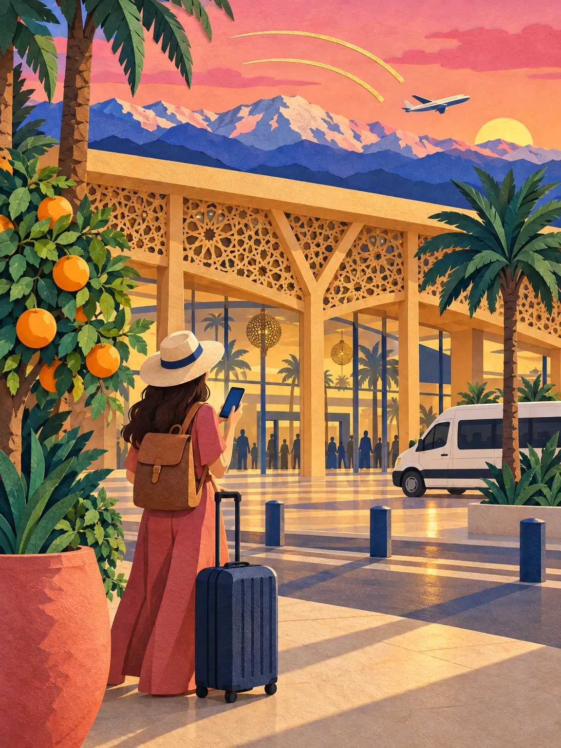 Paper-cut collage of the Marrakech airport forecourt with the Atlas Mountains behind, a traveller with a suitcase and a phone.