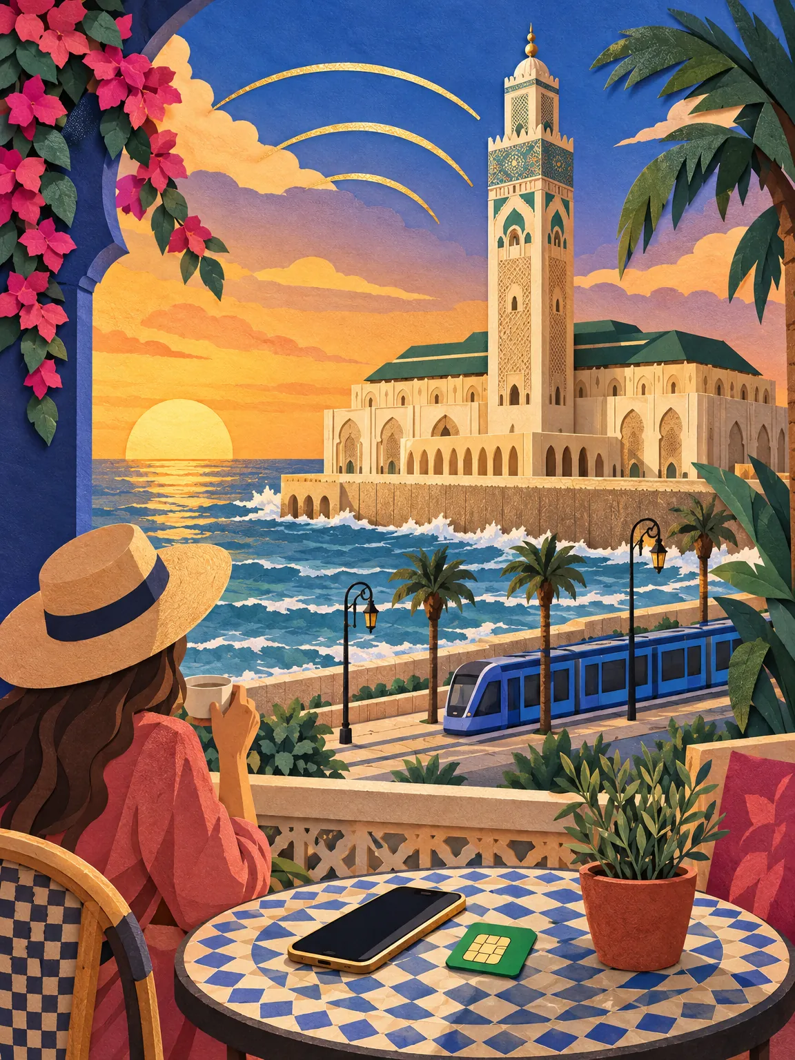 Collage recortado en papel de Casablanca: la Mezquita Hassan II sobre el Atlántico con un tranvía pasando, un teléfono y una tarjeta SIM en una mesa de café.