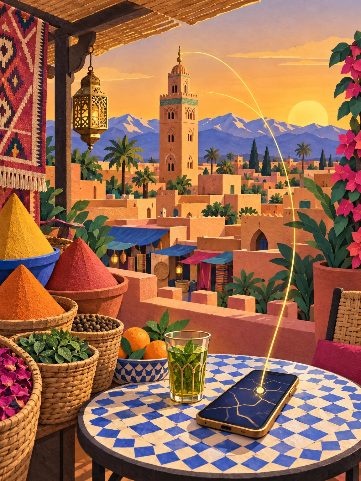 Paper-cut collage of Marrakech: the Koutoubia minaret above the medina rooftops with the Atlas Mountains behind, a market stall and a phone on a café table.