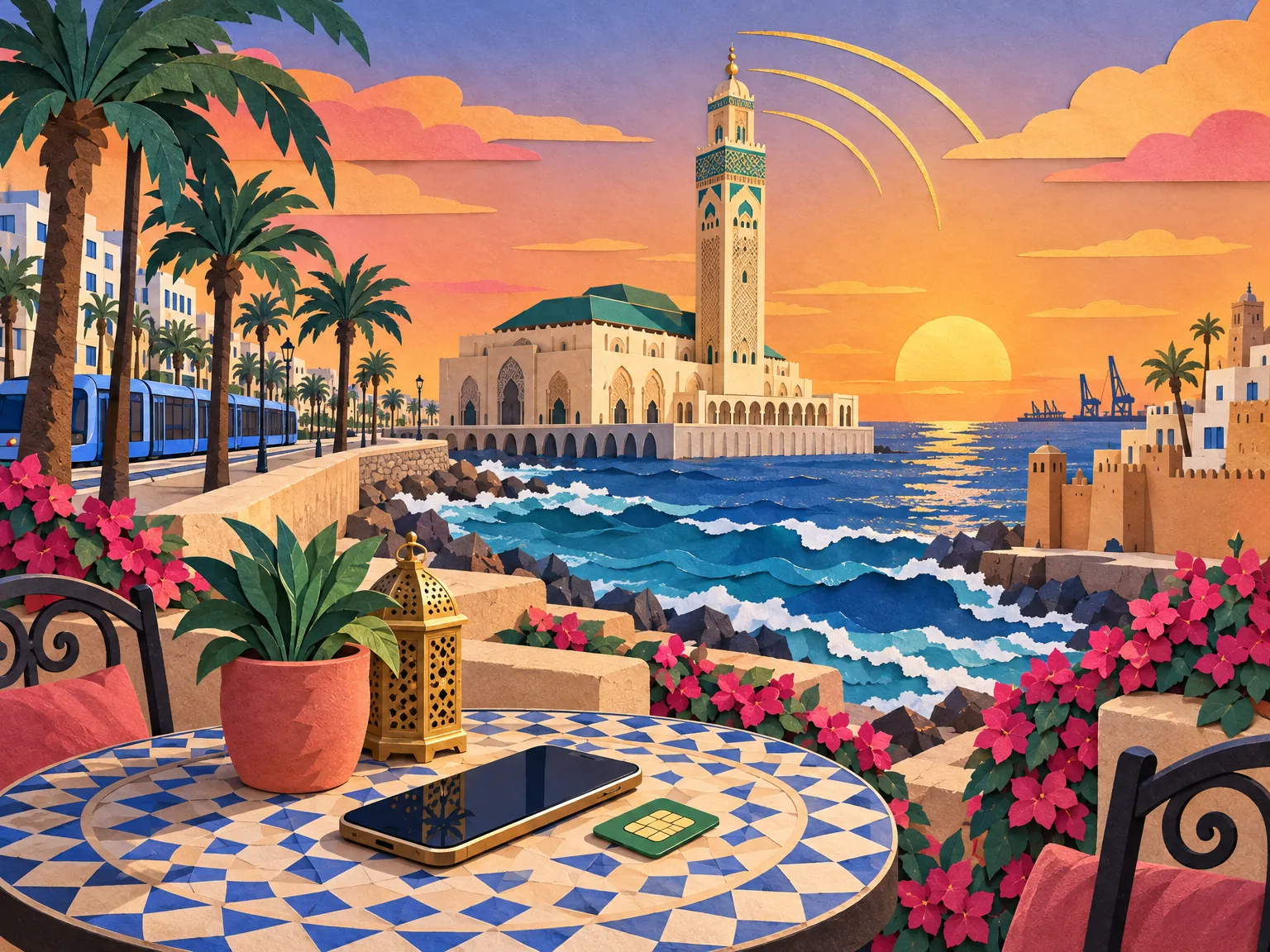 Paper-cut collage of Casablanca: the Hassan II Mosque above the Atlantic with a tram passing, a phone and a SIM card on a café table.
