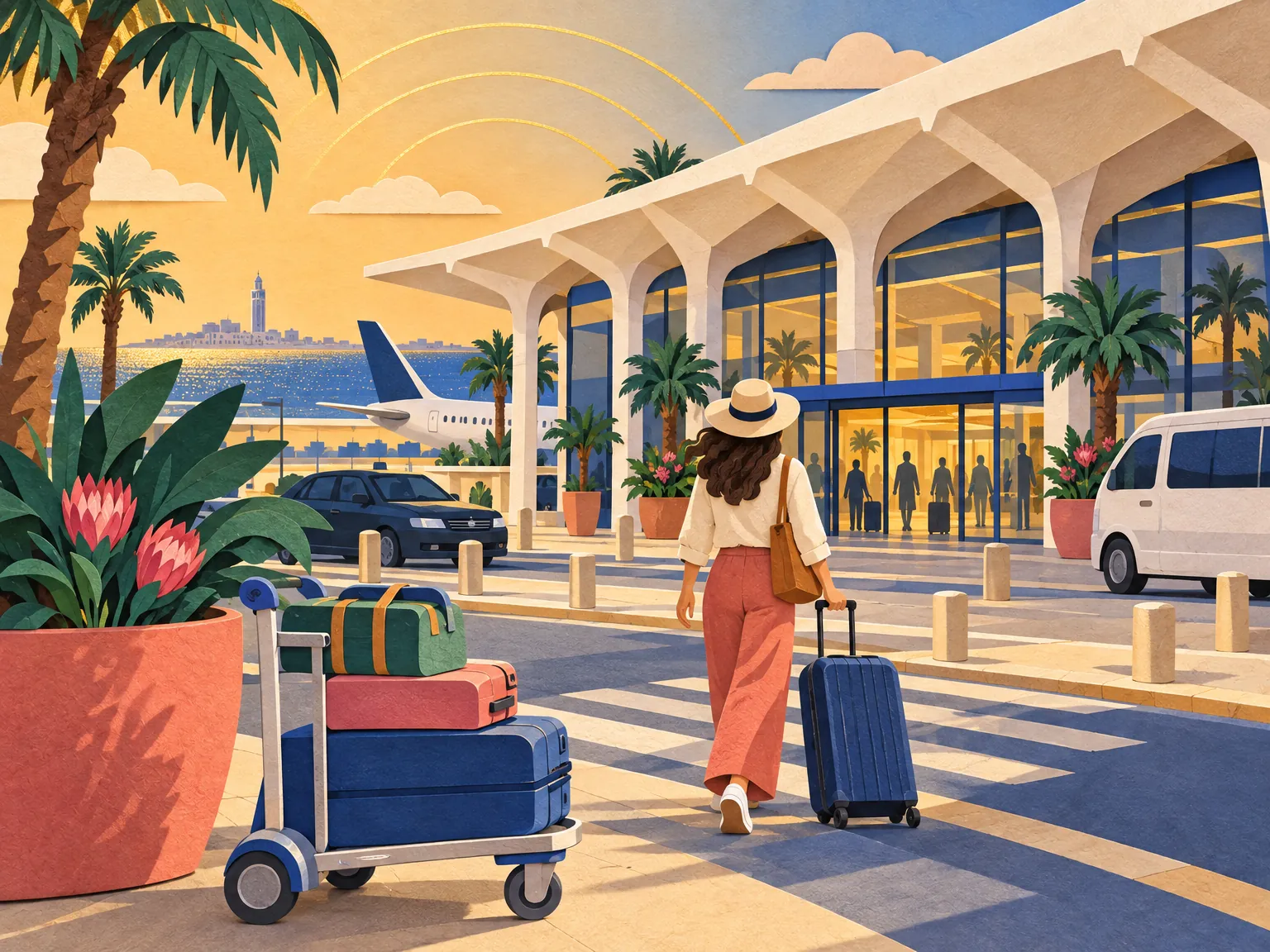 Paper-cut collage of an airport arrivals terminal: a wide roof, shuttle vans, a traveller with a suitcase and orange blossoms.