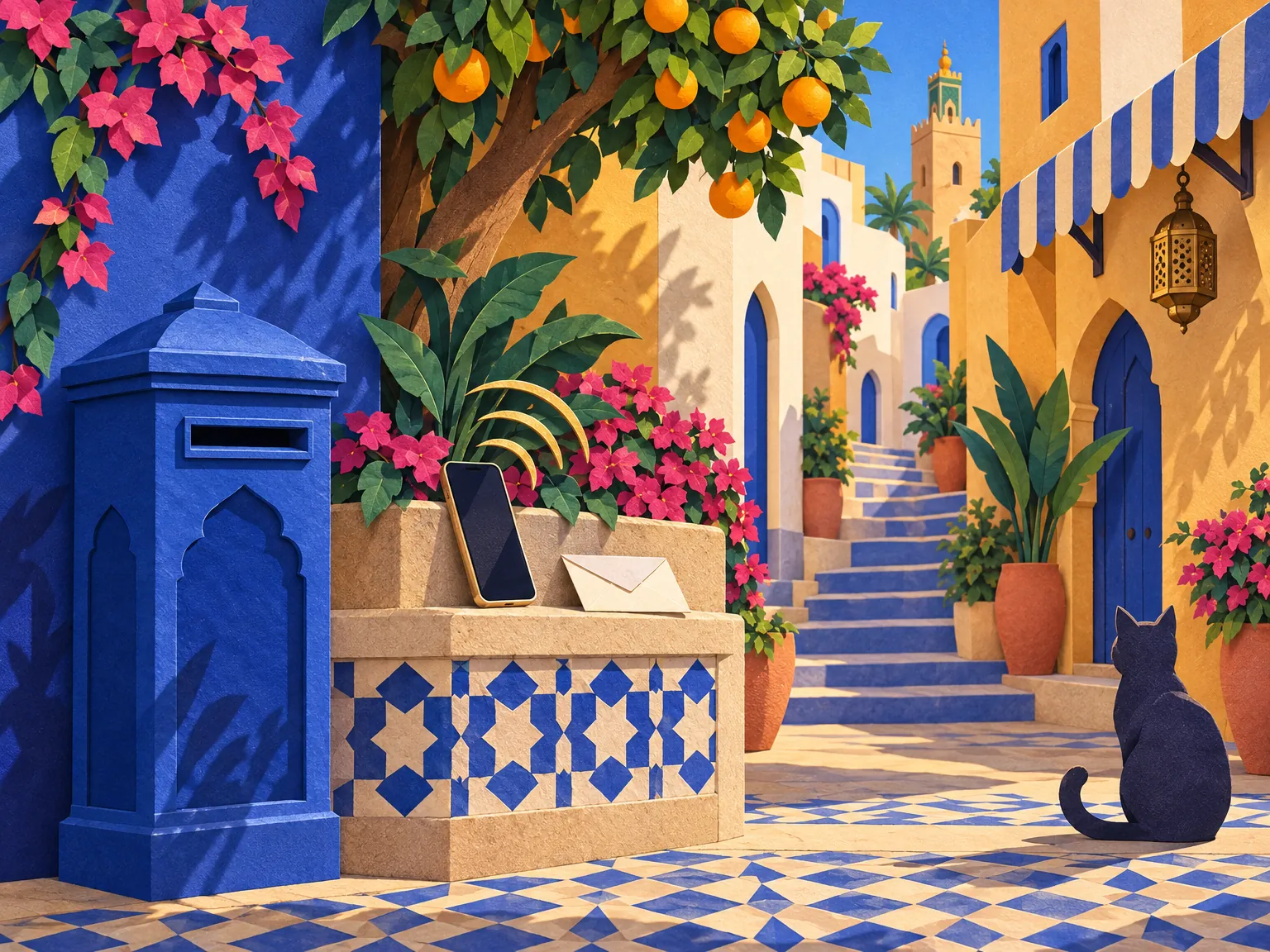 Paper-cut collage of a Moroccan street corner with a blue post box, a phone and an envelope under an orange tree in bloom.