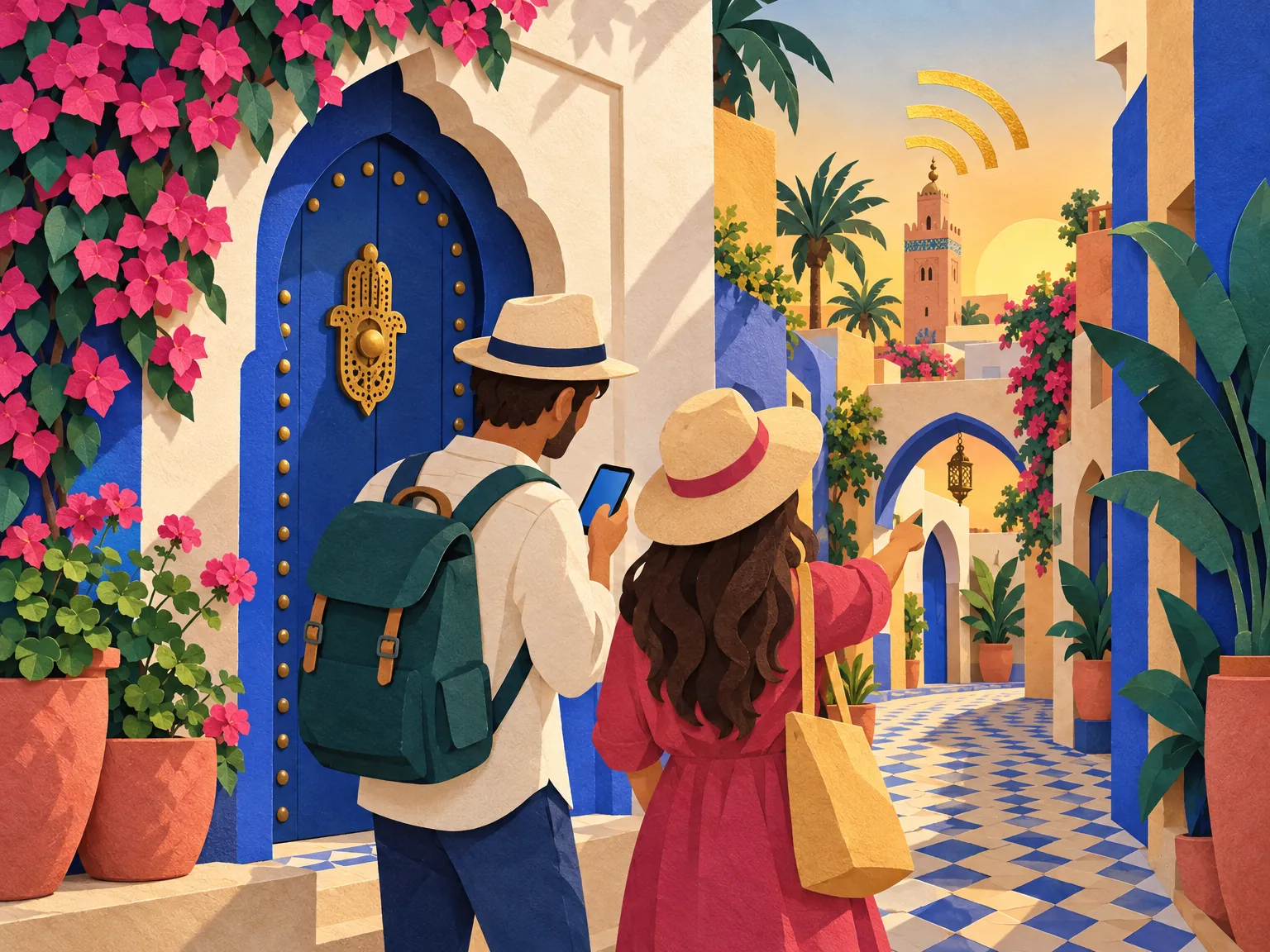 Paper-cut collage of two travellers by a riad door with zellige tiles, one checking a phone and one pointing the way.