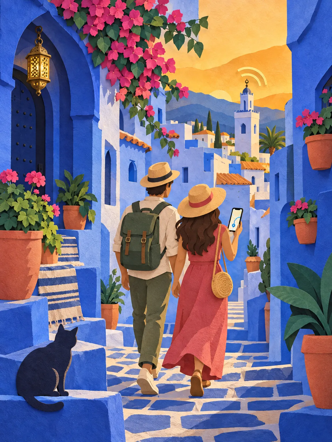 Collage recortado en papel: dos viajeros recorren un callejón azul y blanco de Chefchaouen a la hora dorada, con un teléfono en la mano y naranjos en primer plano.