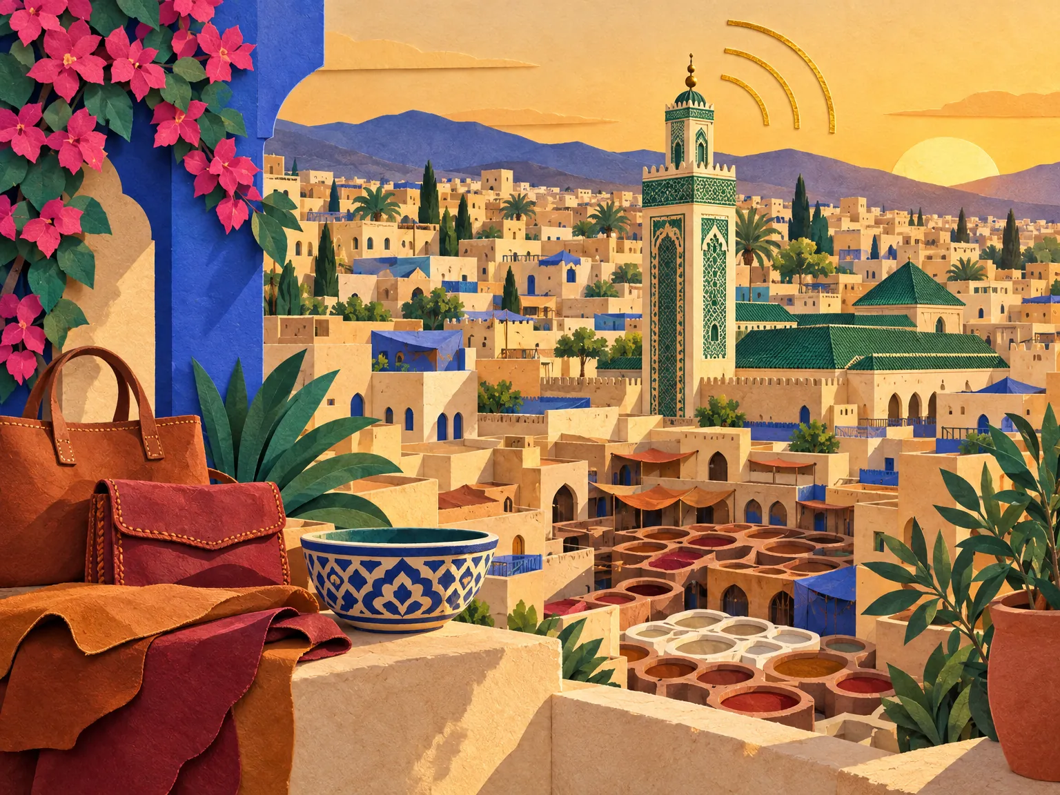 Paper-cut collage of the Fes medina: tanneries in their stone pits, narrow lanes with djellabas hanging and the green-tiled minaret above.