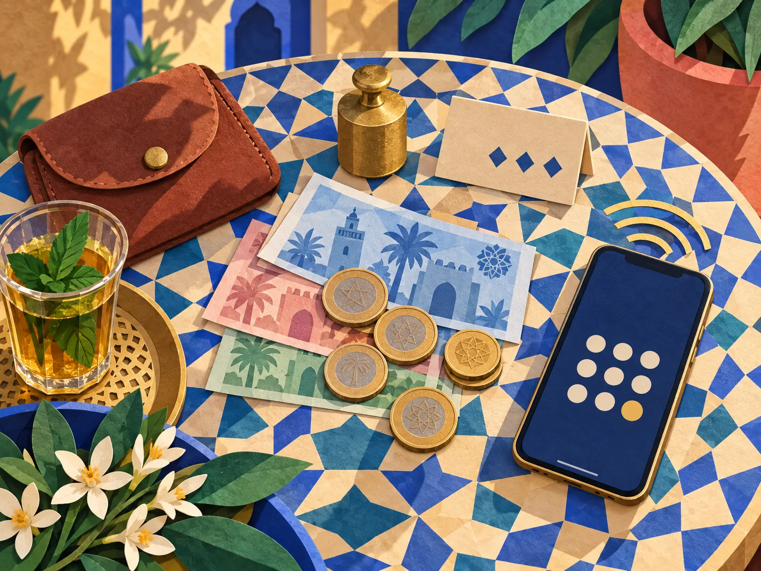 Paper-cut collage of Moroccan dirham coins and notes on a zellige tile, with a mint tea glass, a price card with blank marks and a phone beside them.
