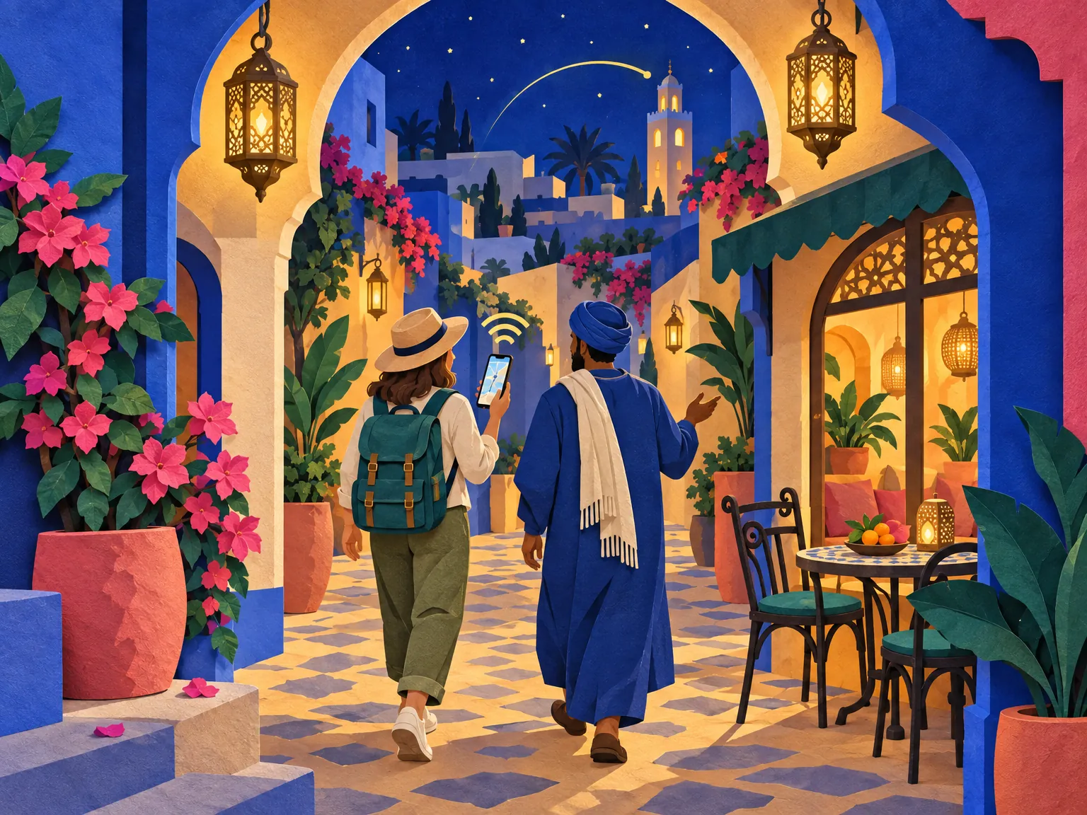 Paper-cut collage of a well-lit medina street at night with a traveller and a guide walking together, lanterns above and a phone glowing.