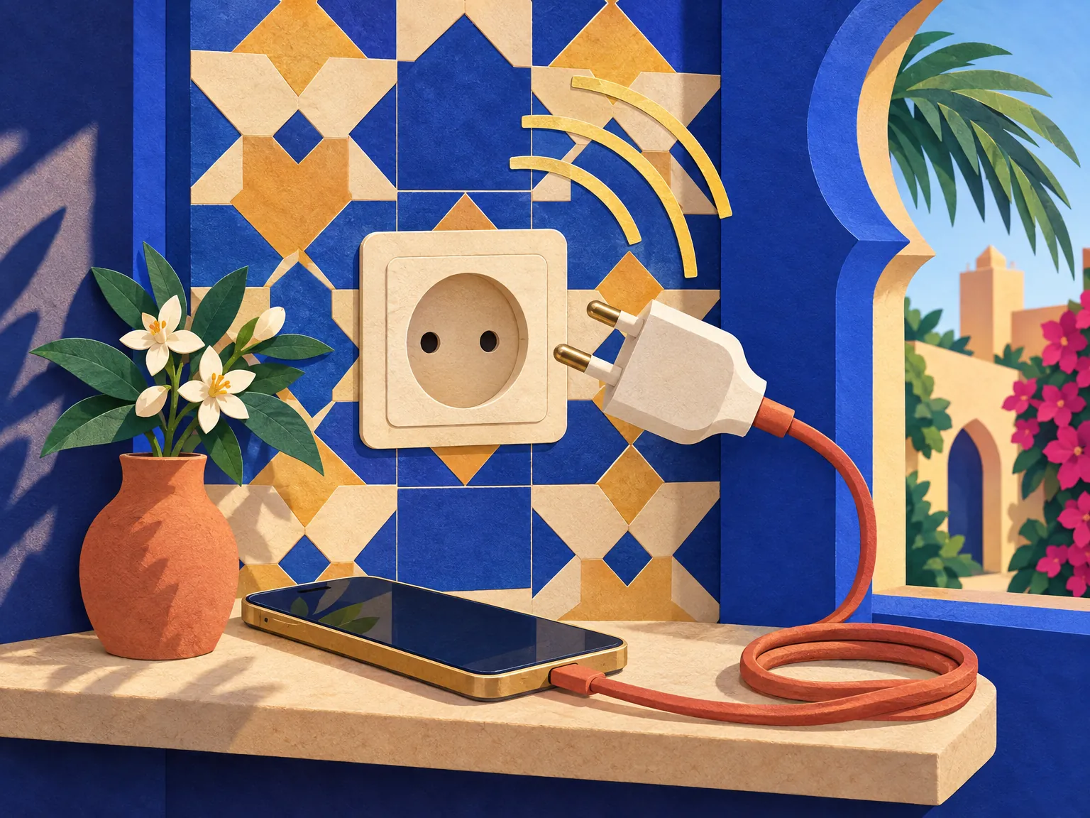 Paper-cut collage of a European two-pin plug beside a Moroccan wall socket on a tiled wall, with a phone charging and orange blossoms.