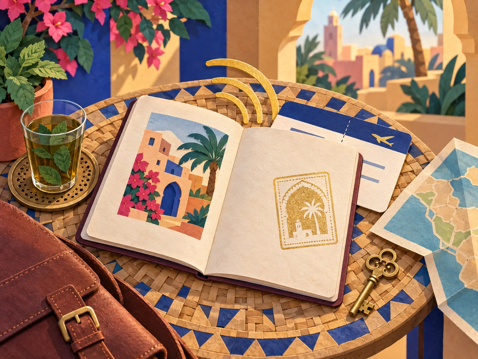 Paper-cut collage of an open passport on a woven table with a boarding pass, a single entry stamp in gold ink and a folded paper map, with gold signal arcs rising from the pages.