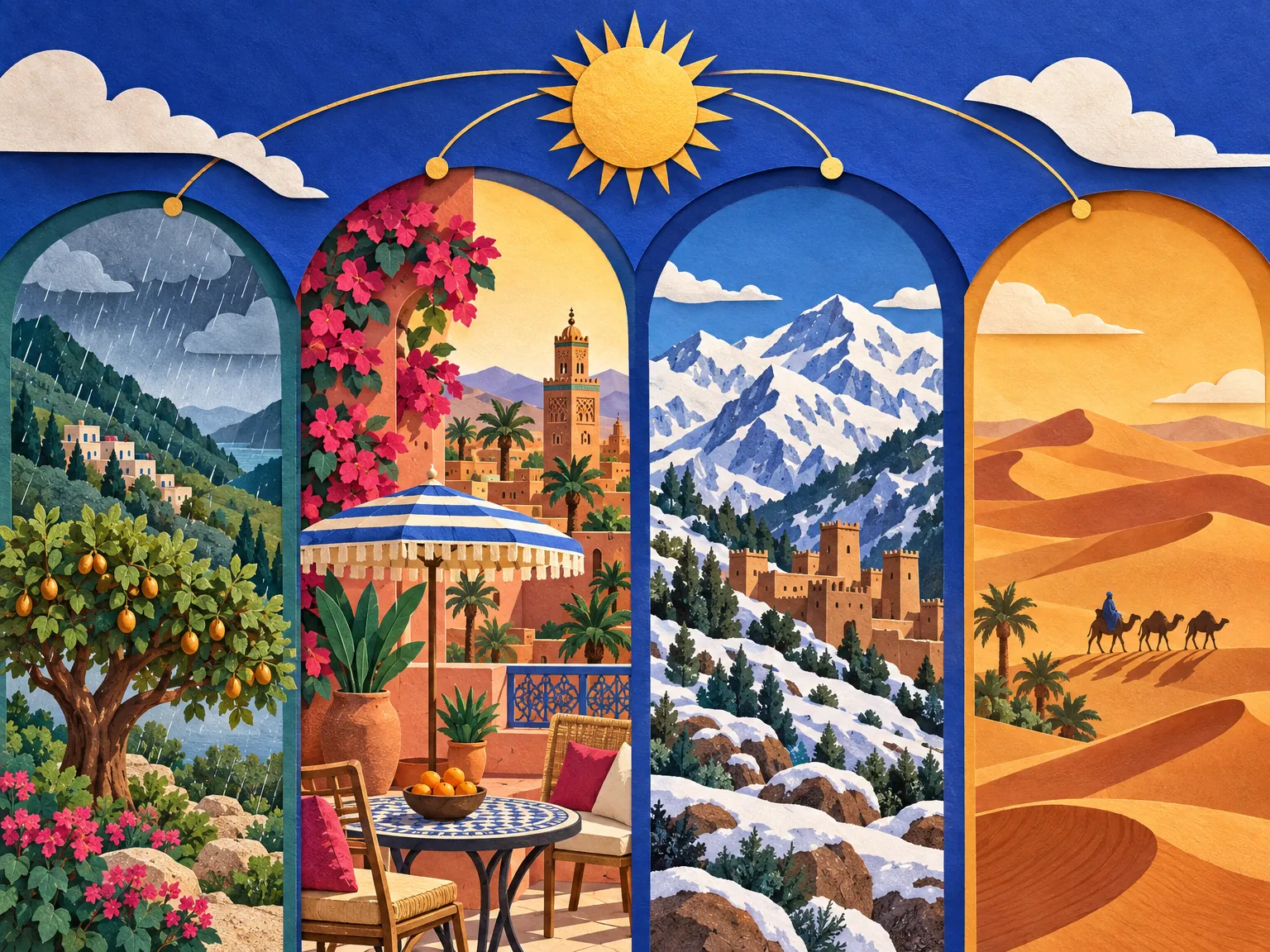 Paper-cut collage of a Moroccan weather year: a rainy Rif slope, a sunny Marrakech terrace, snowy Atlas peaks and a hot desert sky in layered panels.