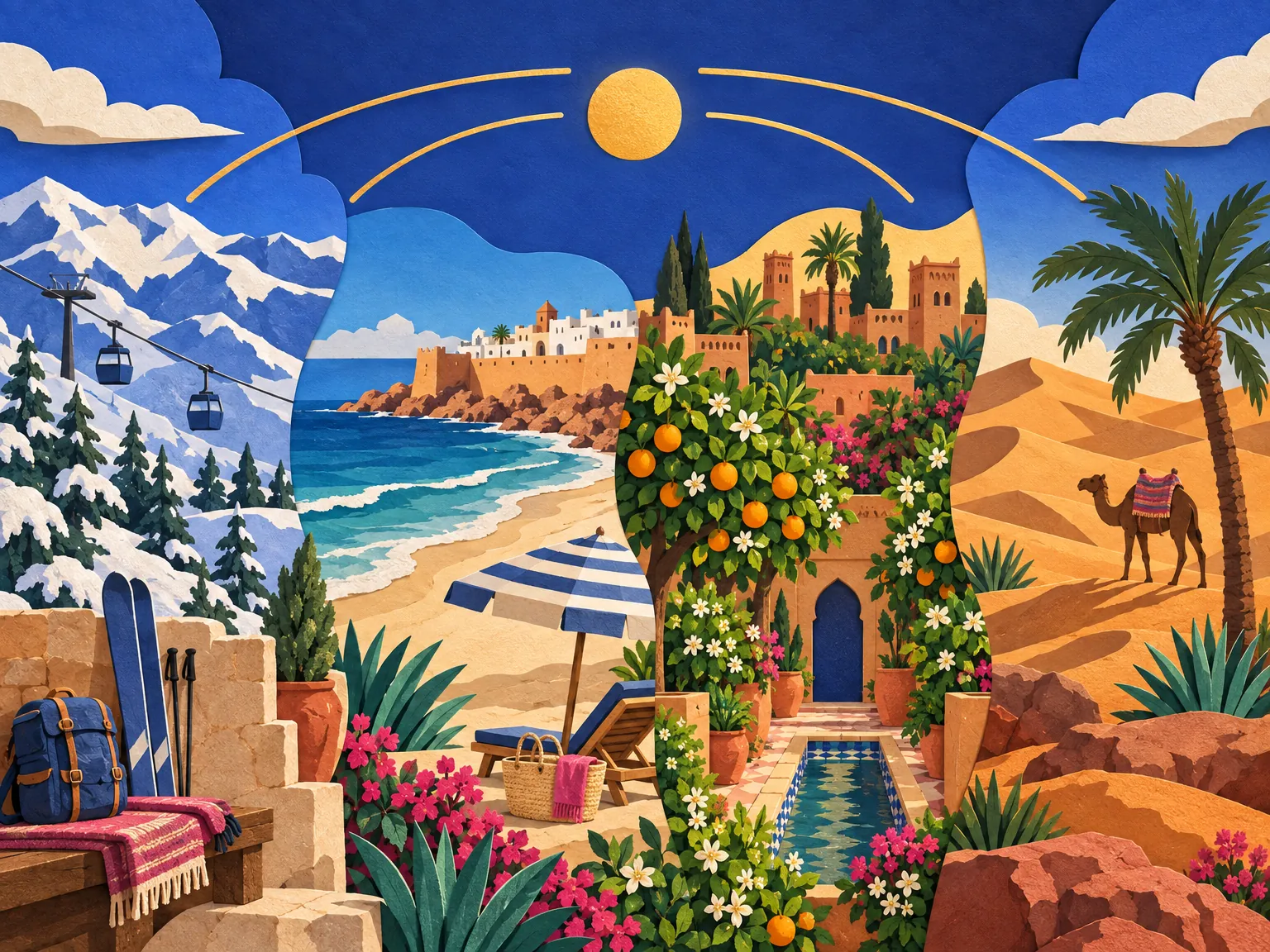 Paper-cut collage of Morocco in four seasons: an Atlas ridge with snow, an Atlantic beach, a palm grove and a desert dune side by side, with signal arcs in the sky.