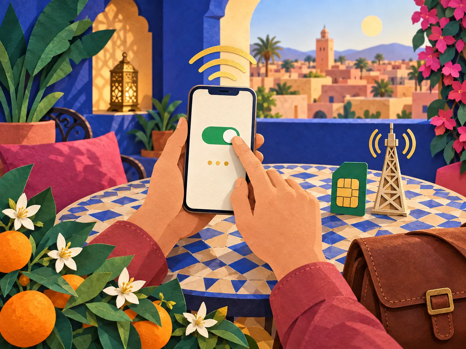 Paper-cut collage of a hand switching a toggle on a phone, with a SIM card and signal arcs above.