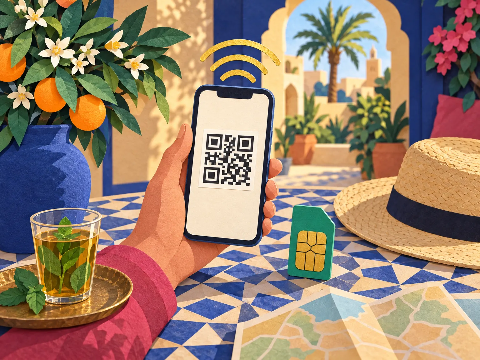 Paper-cut collage of a hand holding a phone showing a QR code on a tiled table with a SIM card, straw hat and orange blossoms.