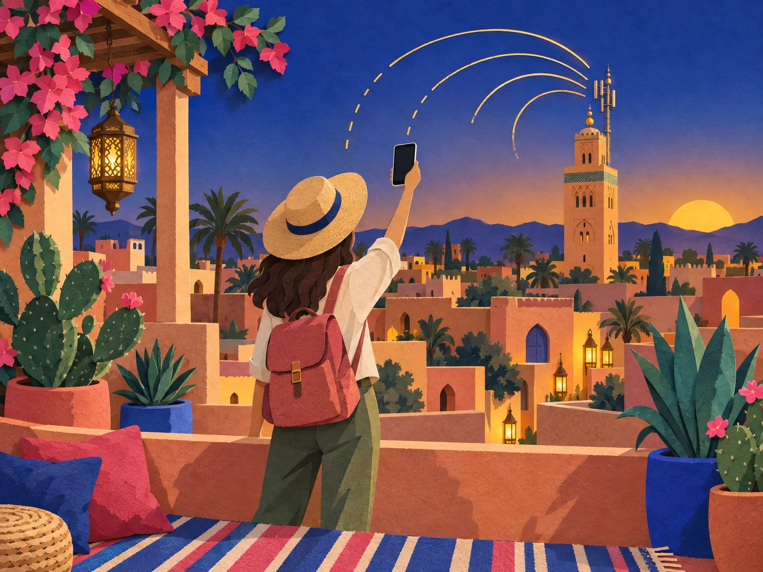 Paper-cut collage of a traveller holding a phone up for signal beside a signal tower on a Moroccan street.