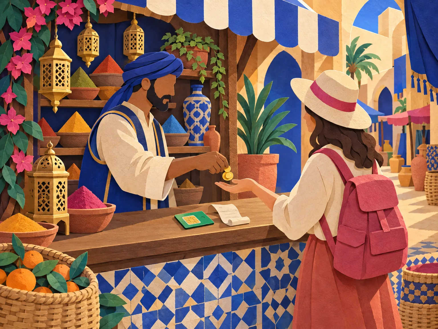 Paper-cut collage of a souk keeper handing coins across a counter to a traveller, with a SIM card and orange blossoms.