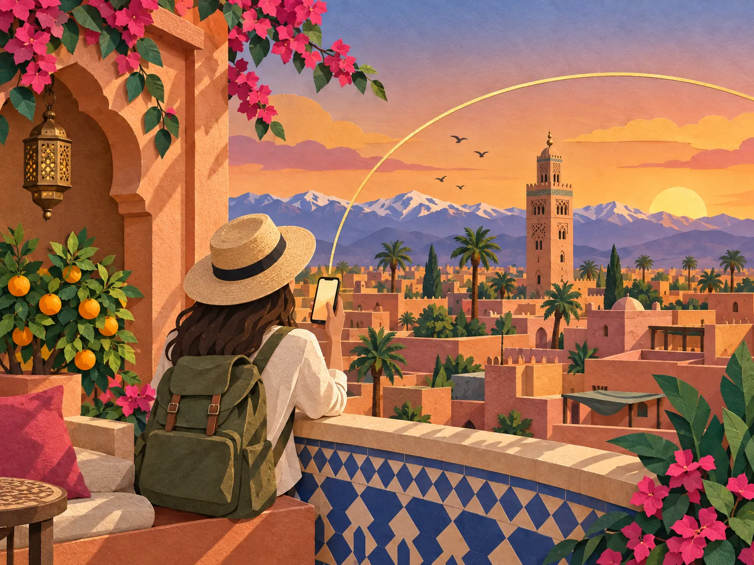 Collage recortado en papel: un viajero con sombrero de paja mira el teléfono en una azotea de Marrakech, con el alminar de la Koutoubia y el Atlas nevado detrás y naranjos en primer plano.