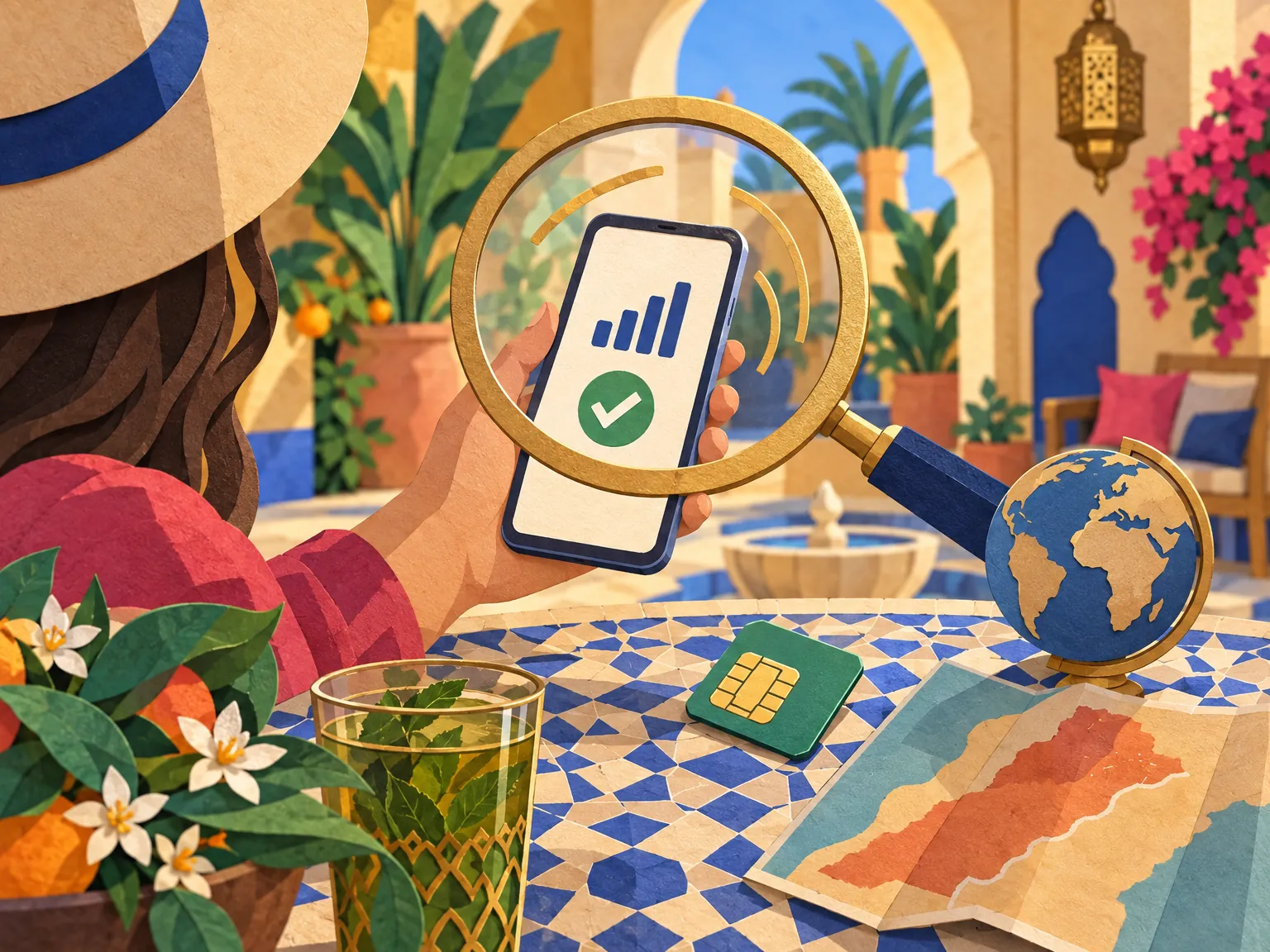 Paper-cut collage of a hand holding a phone under a magnifying glass, with a green tick on the screen, a signal arc and a SIM card.