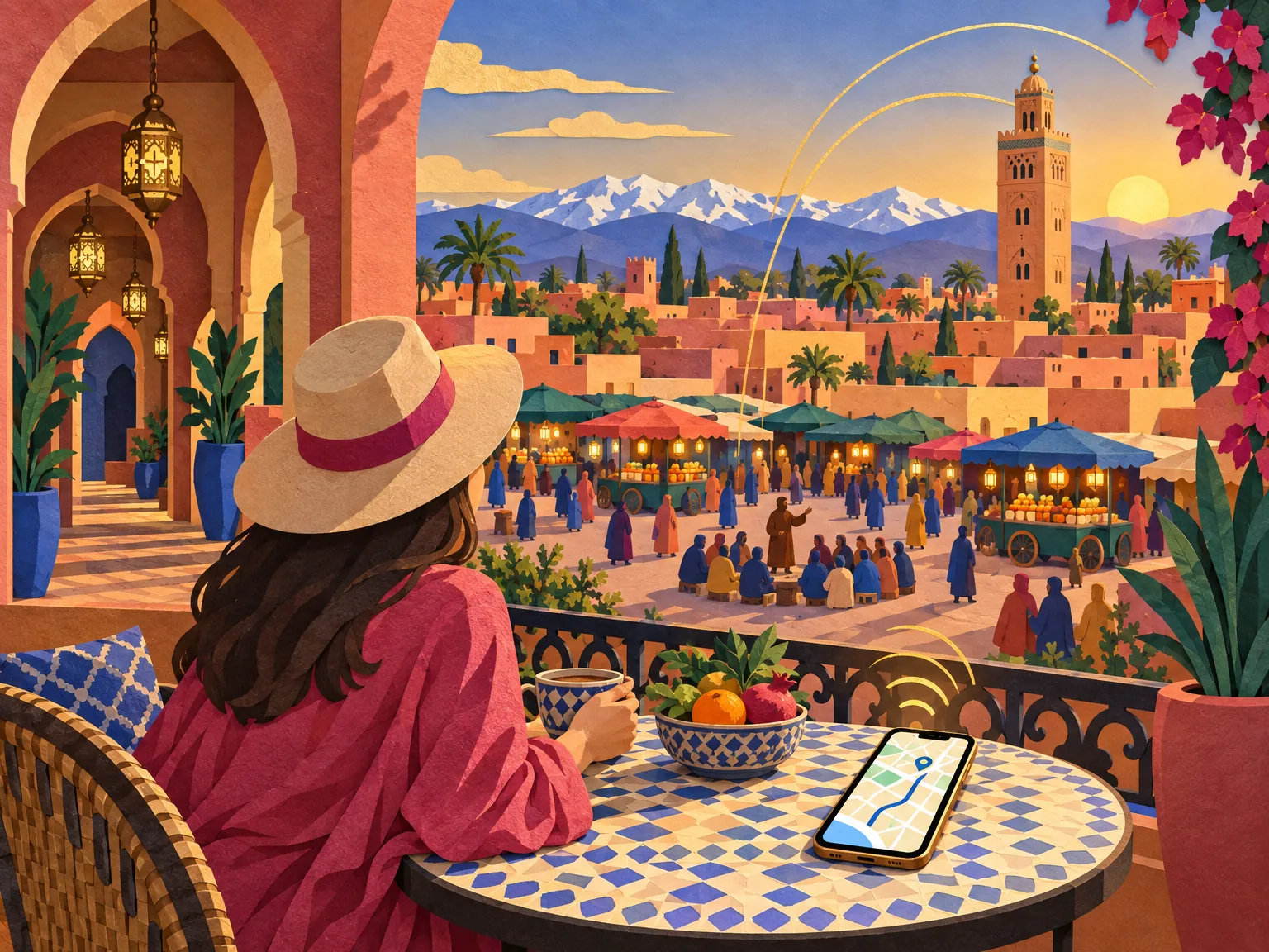 Paper-cut collage of Marrakech: the Koutoubia minaret above the medina rooftops with the Atlas Mountains behind, a market stall and a phone on a café table.