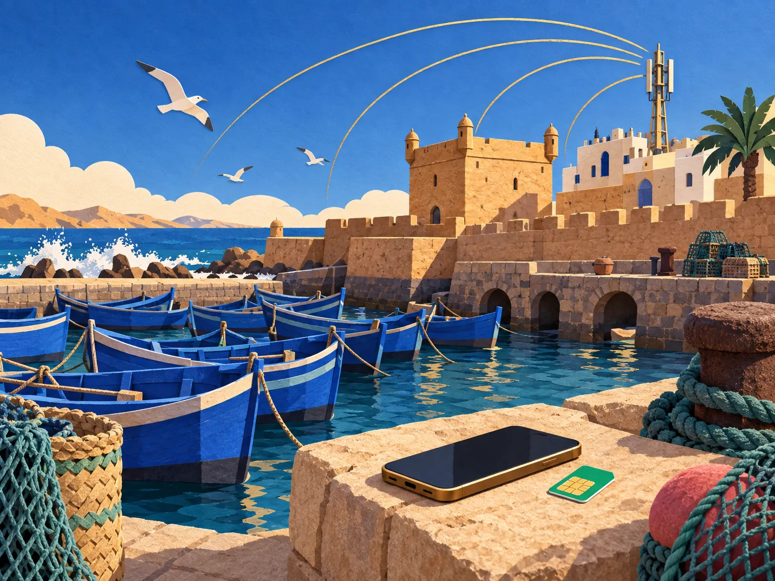Paper-cut collage of a signal mast beside an Atlantic fishing harbour near Essaouira, with blue boats below and a phone beside a SIM card on a quay stone.