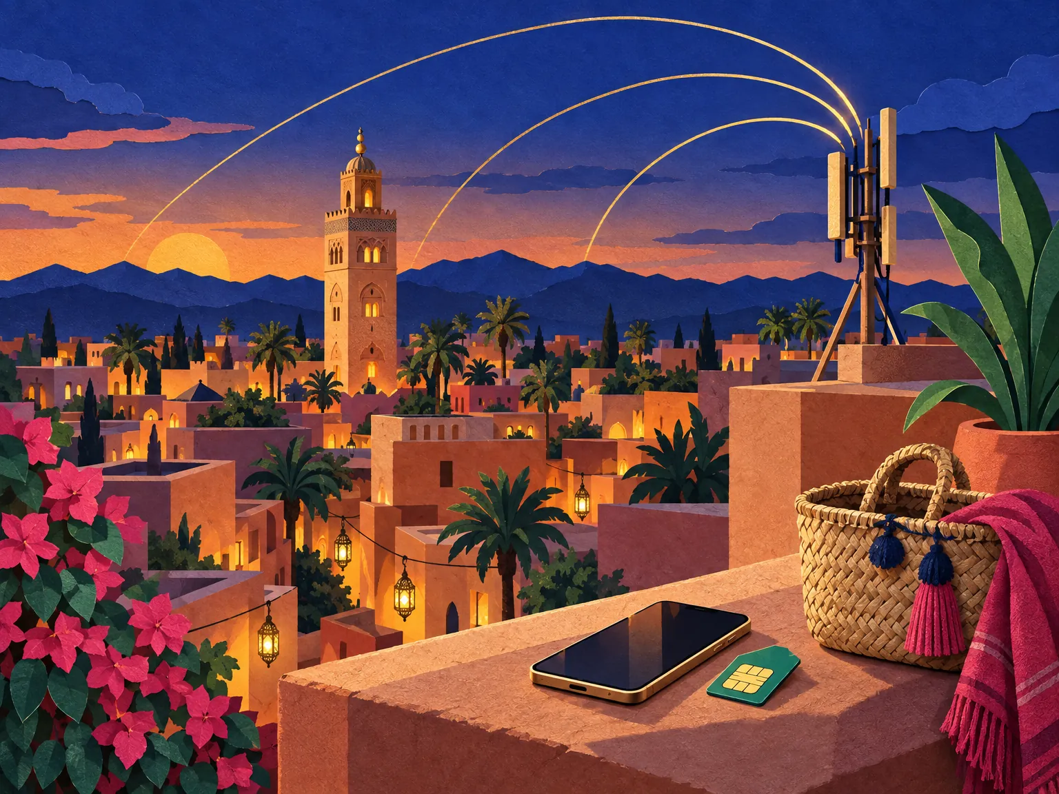 Paper-cut collage of a slim signal mast on a Marrakech rooftop at dusk, with the medina skyline, the Koutoubia minaret, a phone and a SIM card on a ledge.