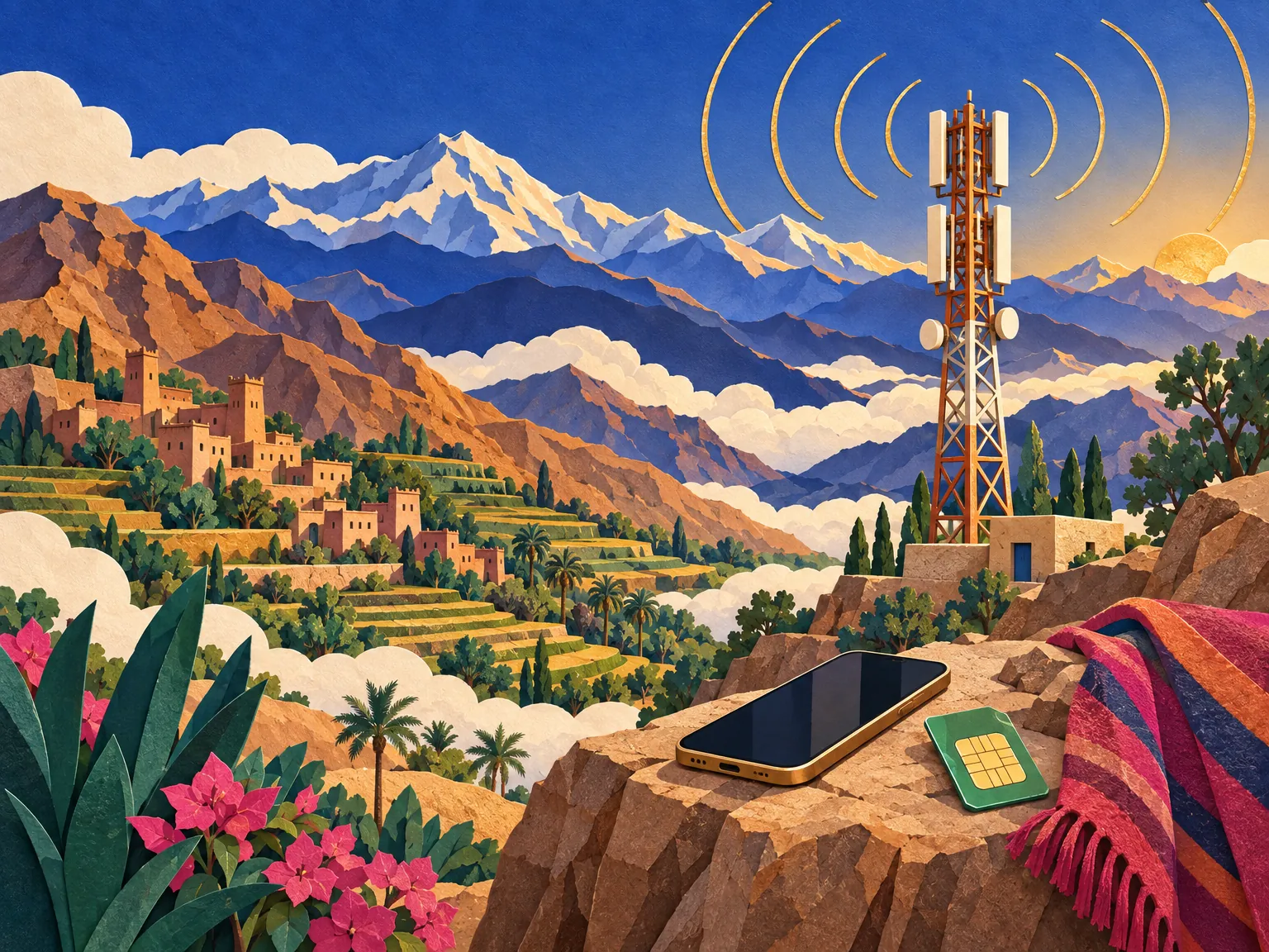 Paper-cut collage of a lattice signal mast on a High Atlas ridge with cloud banks in the valleys, a phone and a SIM card on a rocky ledge.