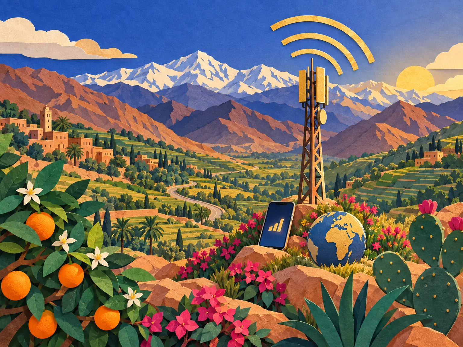 Paper-cut collage of a signal tower in the High Atlas foothills with radio waves above, a phone with a SIM card at its base and orange blossoms.