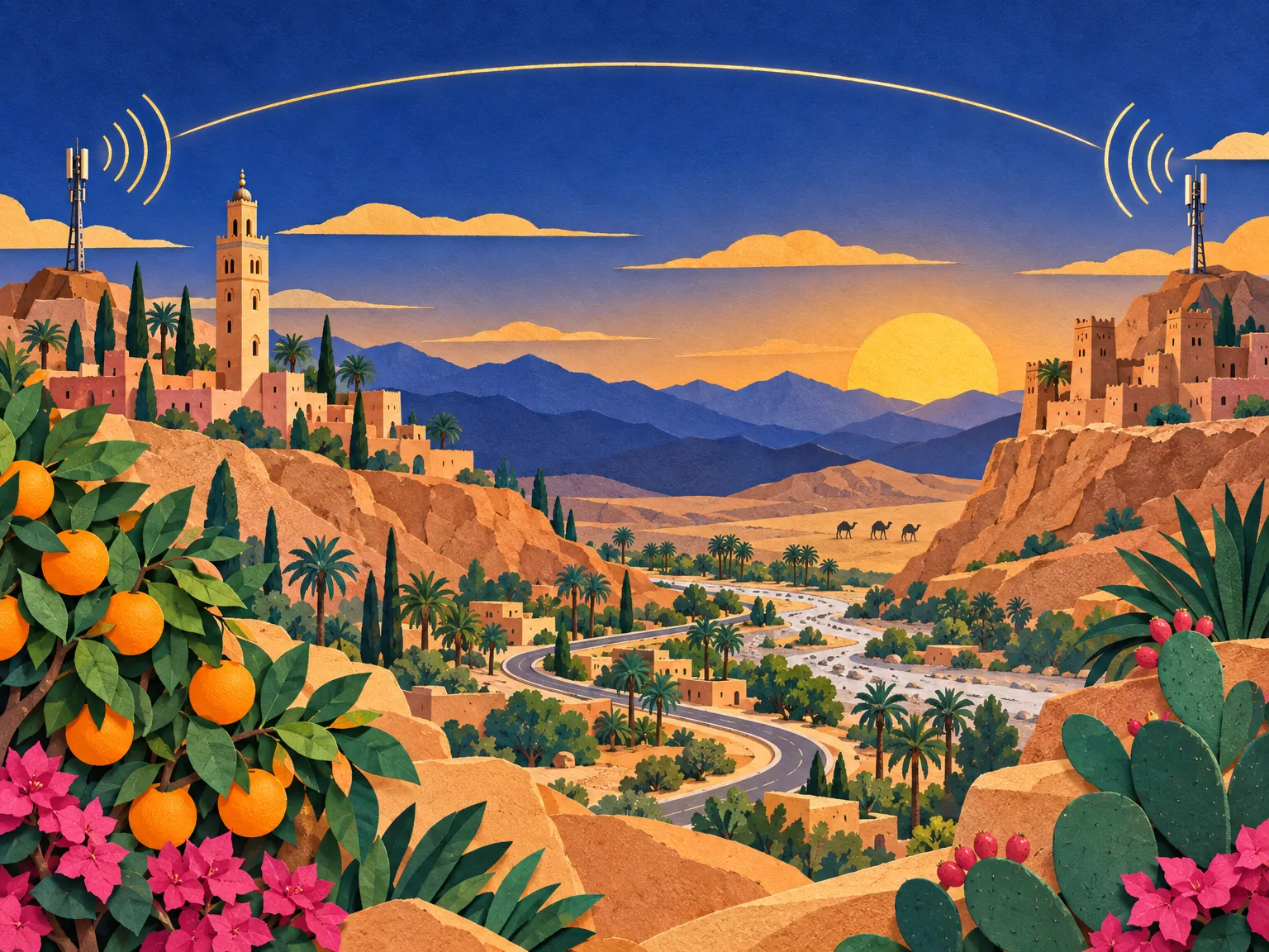 Collage recortado en papel de un paisaje: dos torres de señal, una en una azotea de Marrakech con la Koutoubia detrás y otra en una cresta del desierto junto a una kasbah, unidas por un arco luminoso sobre naranjos.