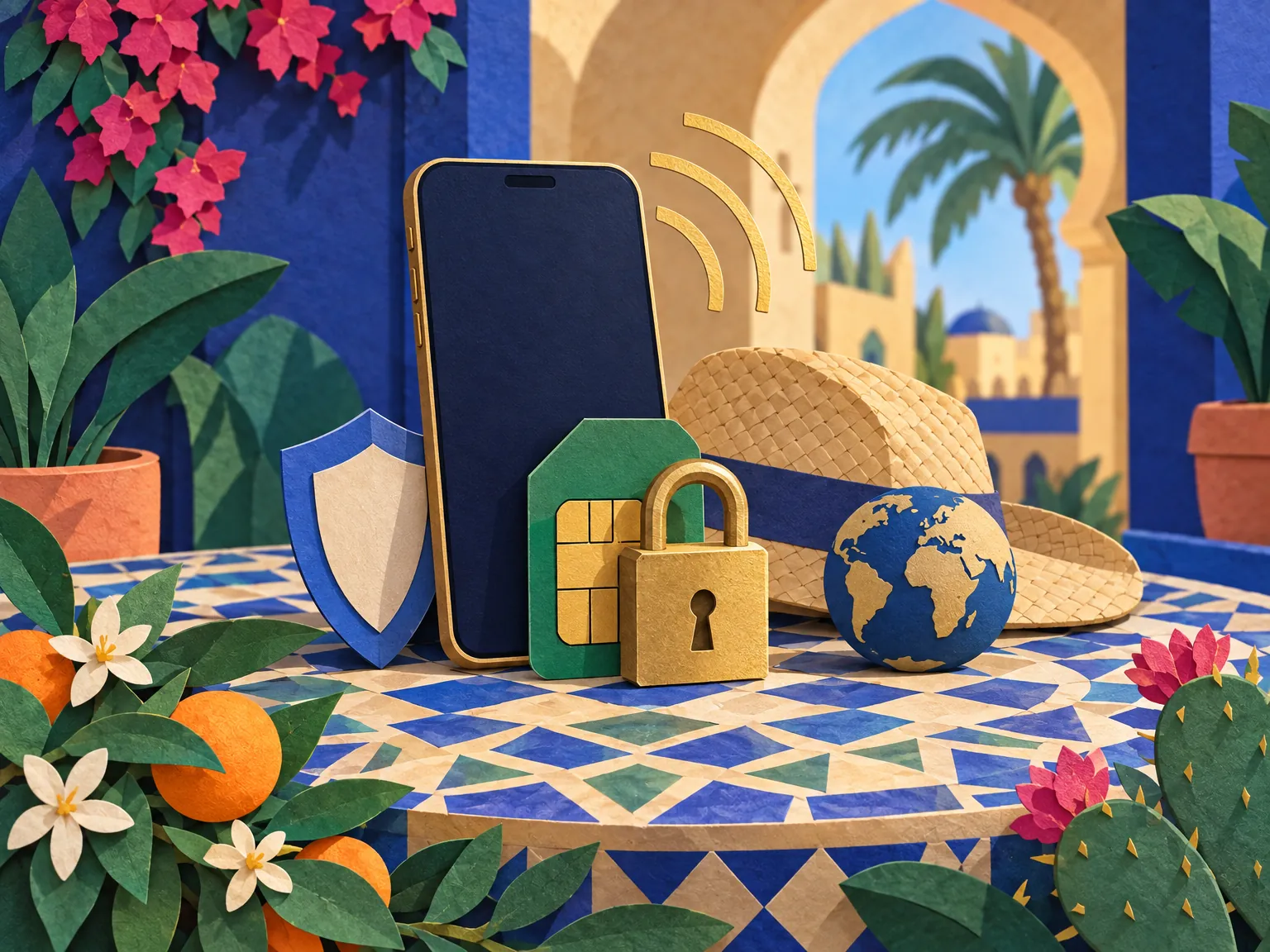 Paper-cut collage of a padlock resting on a SIM card beside a phone, with a shield resting on a globe and a folded straw hat.
