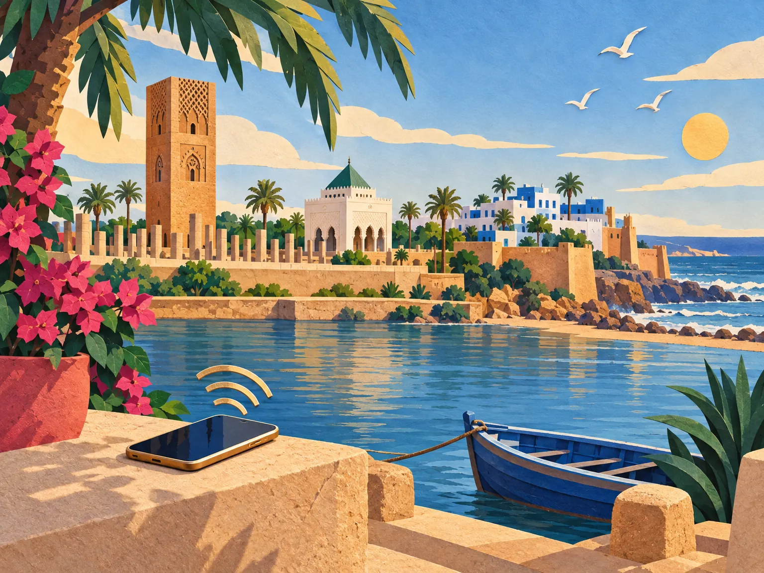 Paper-cut collage of Rabat: the Hassan Tower and the columns of its unfinished mosque, with the Oudayas kasbah and the river mouth behind.