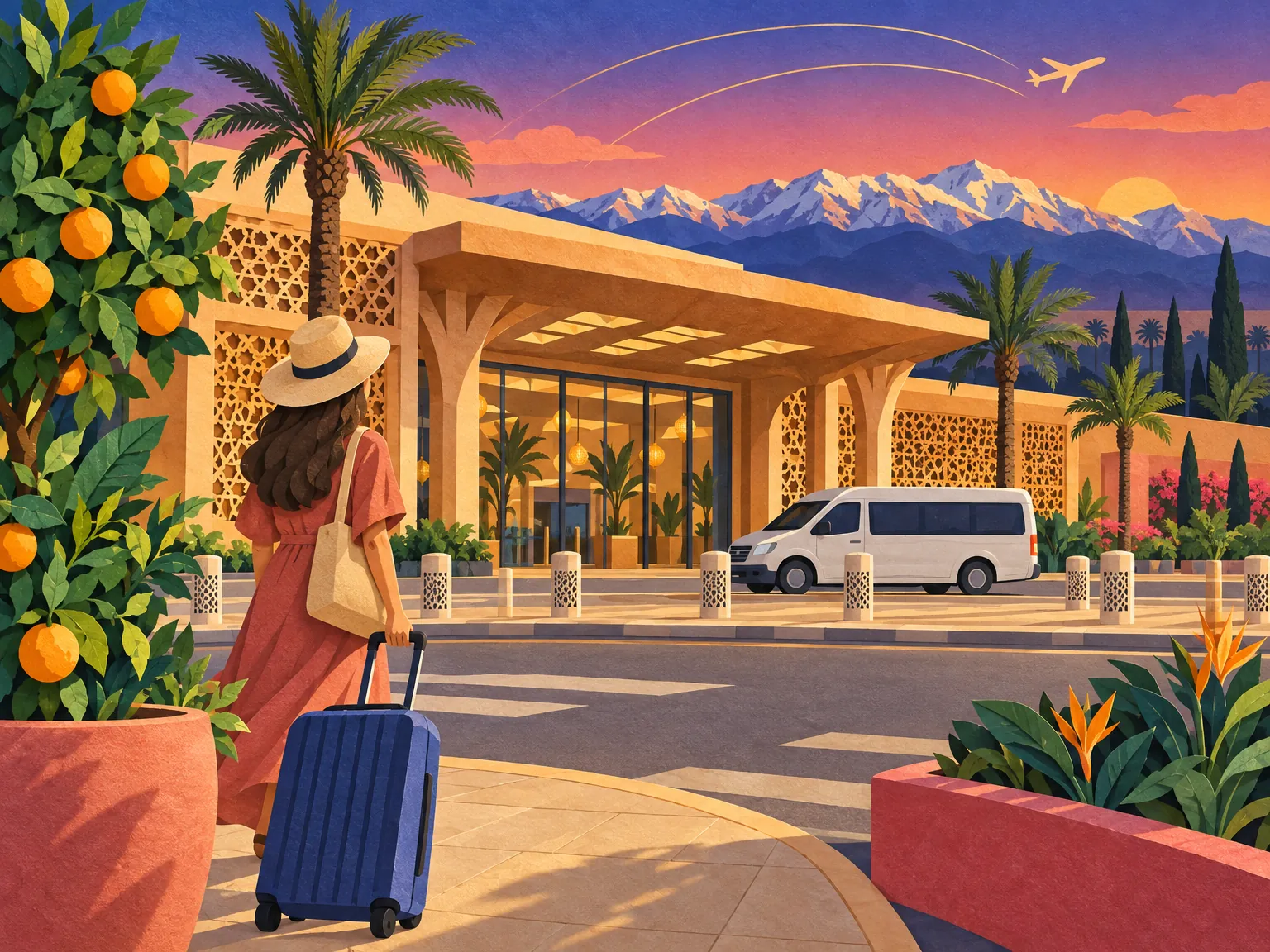 Paper-cut collage of the Marrakech airport forecourt with the Atlas Mountains behind, a traveller with a suitcase and a phone.