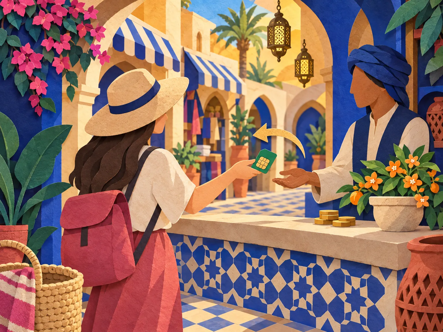 Paper-cut collage of a card and coins changing hands across a souk counter under a striped awning, with orange blossoms.