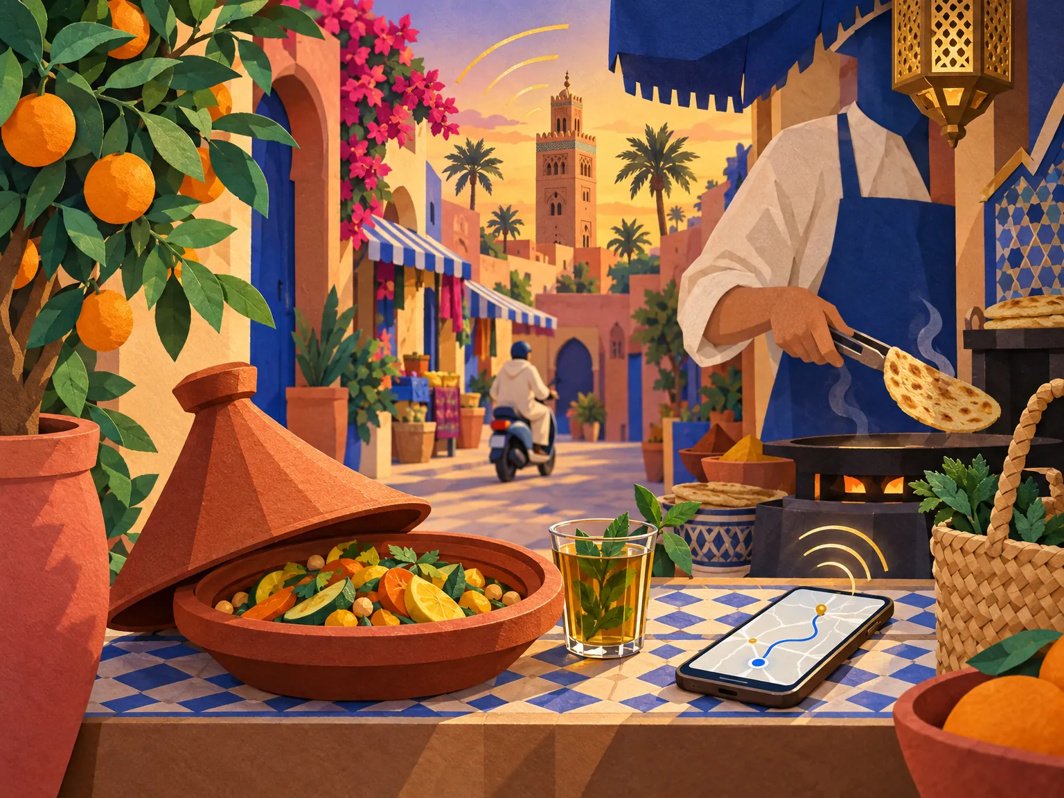 Collage recortado en papel: un teléfono con una ruta en el mapa sobre el mostrador de una calle de Marrakech, junto a un tajín y un vaso de té con menta, con una moto y un naranjo detrás.