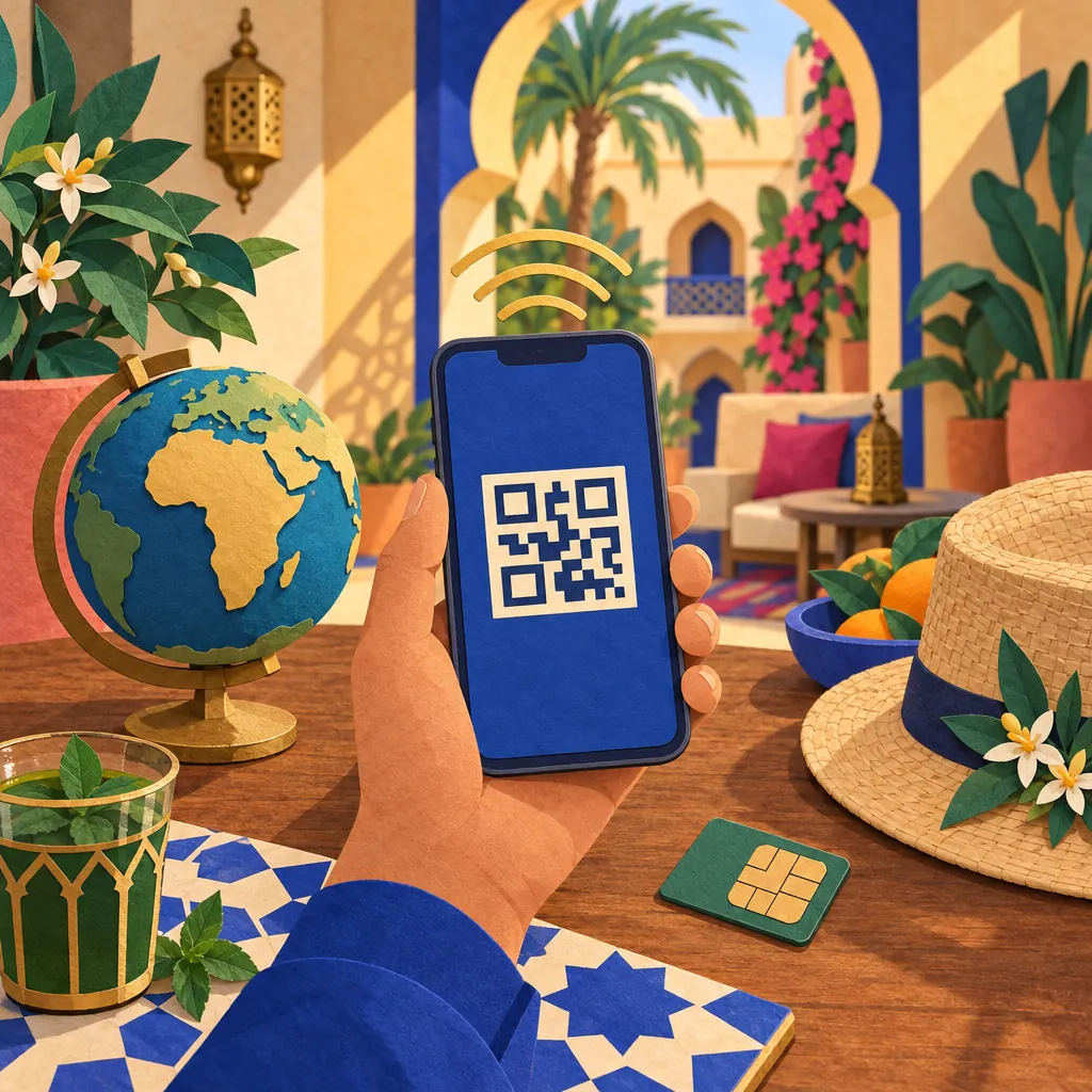 Collage recortado en papel: una mano sostiene un teléfono que muestra un código QR junto a un pequeño globo terráqueo con África al frente, una tarjeta SIM, un sombrero de paja y flores de naranjo.