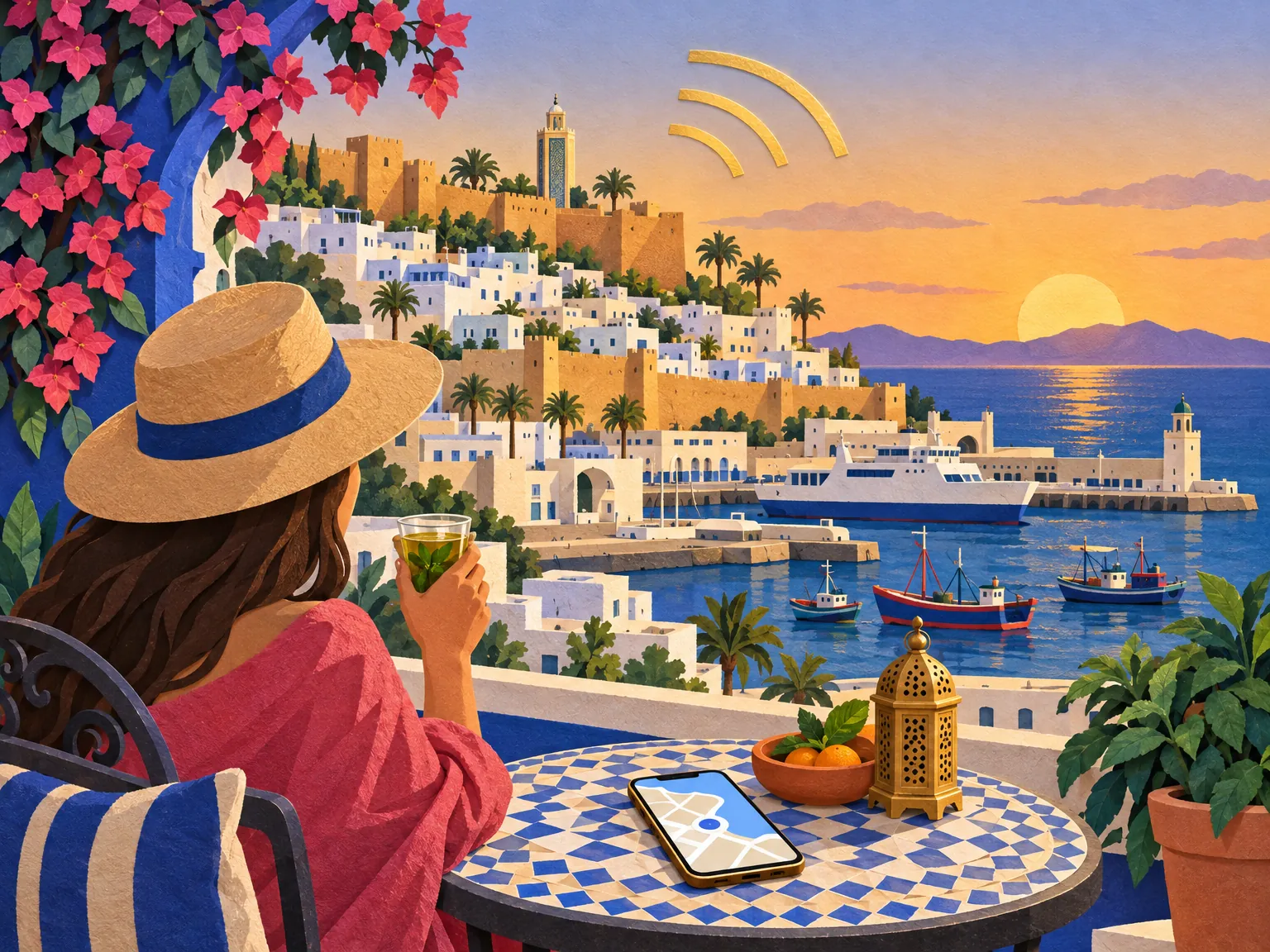 Paper-cut collage of Tangier: white houses climbing above the bay, a ferry crossing the strait and the Rif hills in the distance.