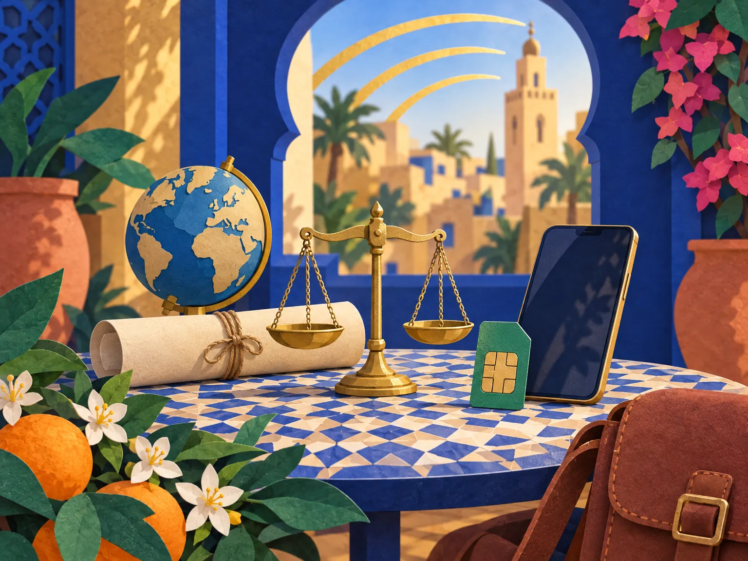 Paper-cut collage of a small balance scale on a tiled table, with a green SIM card, a phone, a rolled parchment and a globe.