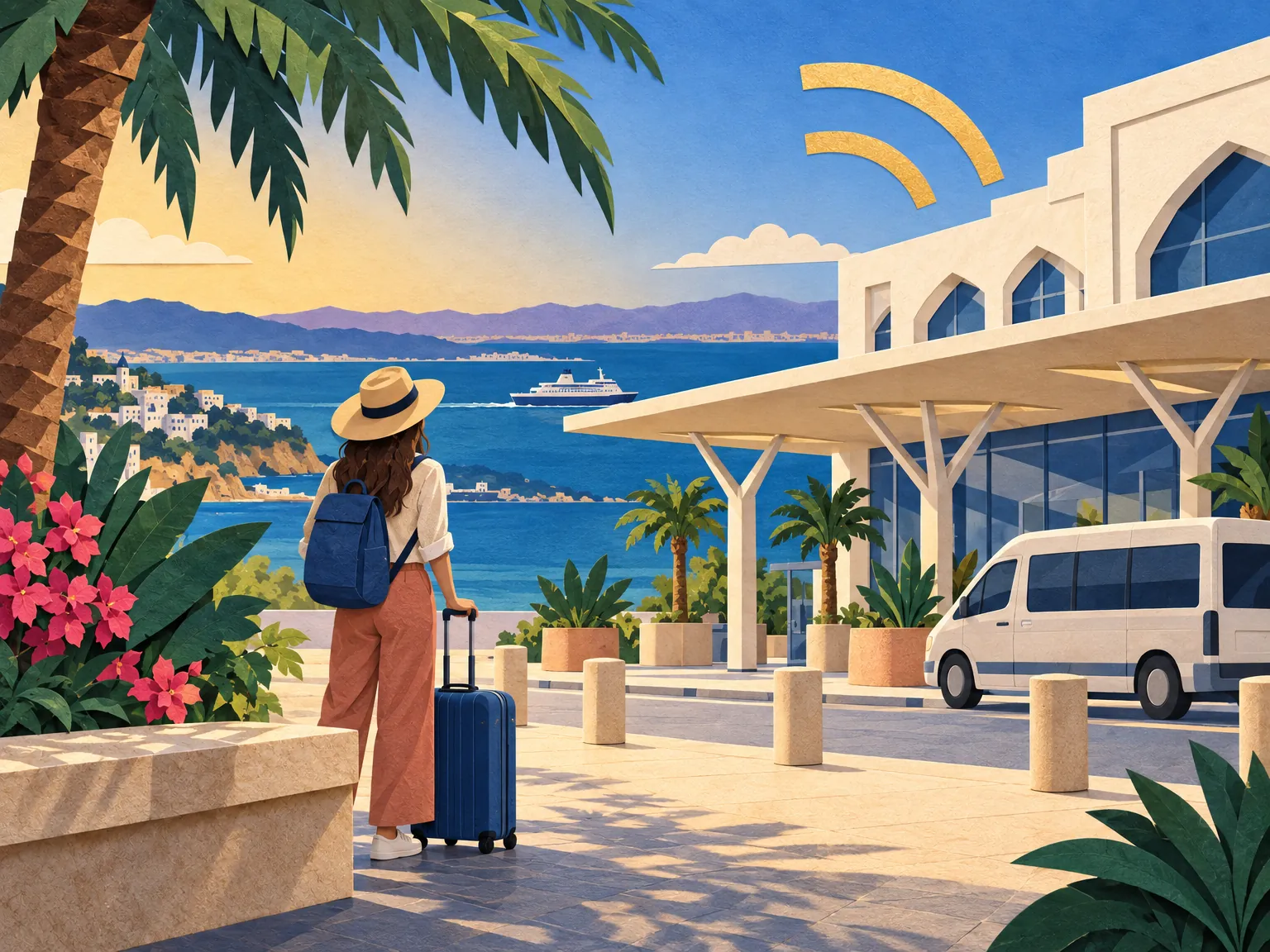 Paper-cut collage of the Tangier airport forecourt above the strait, with a ferry on the water, a traveller with a suitcase and a phone.